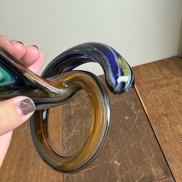 MCM Vintage Blue Green Murano Style Stretched Serpentine Vase Blown Art‎ Glass - Picture 4 of 9